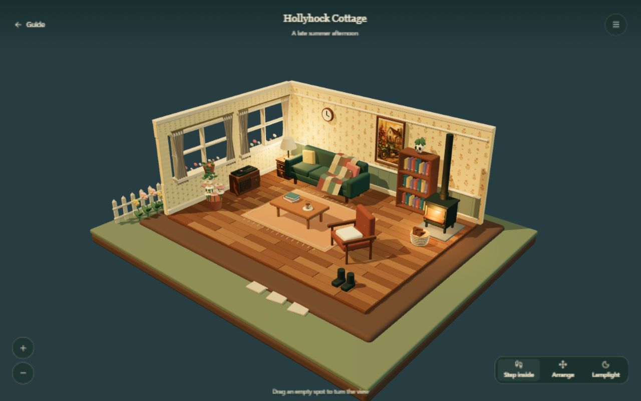 Illustrated cottage cutaway with flowers, quilt, stove and motorcycle print